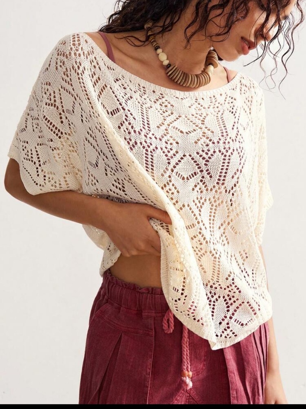 Open-Knit Cream Women’s Sweater - Lightweight Crochet Pullover - Picture 3 of 4
